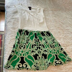 Summer dress with white bodice and green and blue skirt